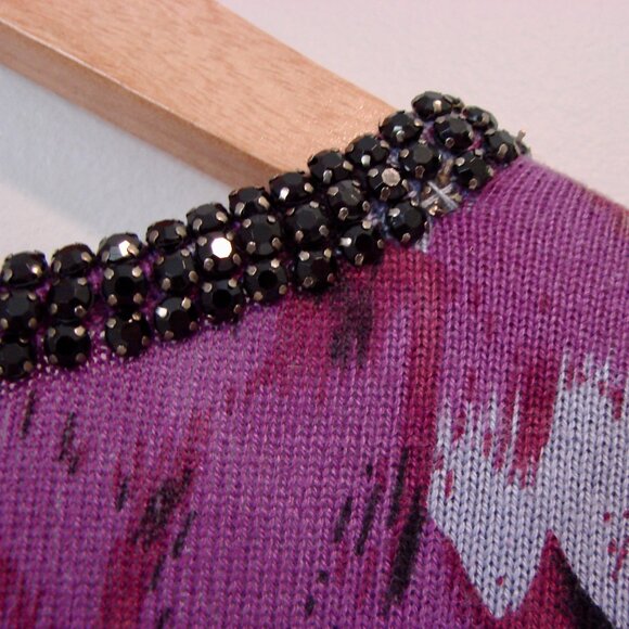 Cashmere Silk Sweater Cardigan Crewneck Preppy Purple Black Rhinestones Medium - Picture 12 of 13